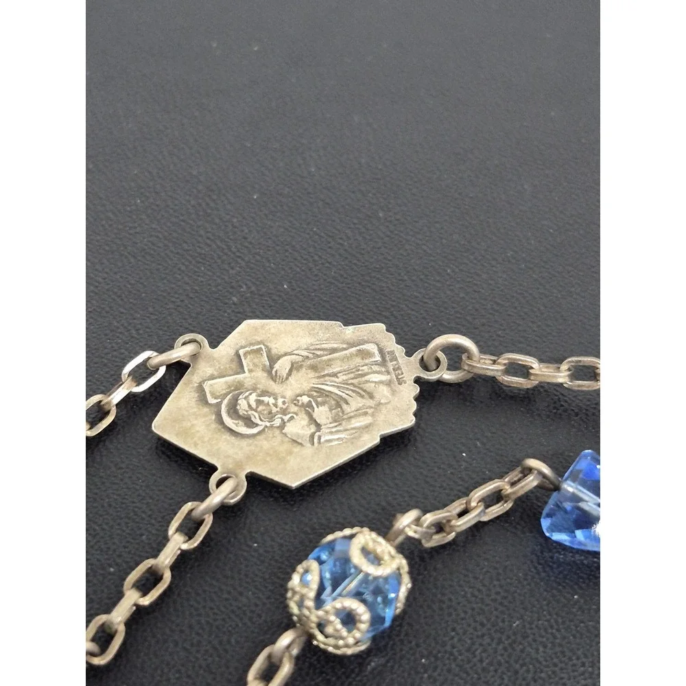 Vintage Rosary Blue Crystal Beads Sterling Silver Crucifix Centerpiece